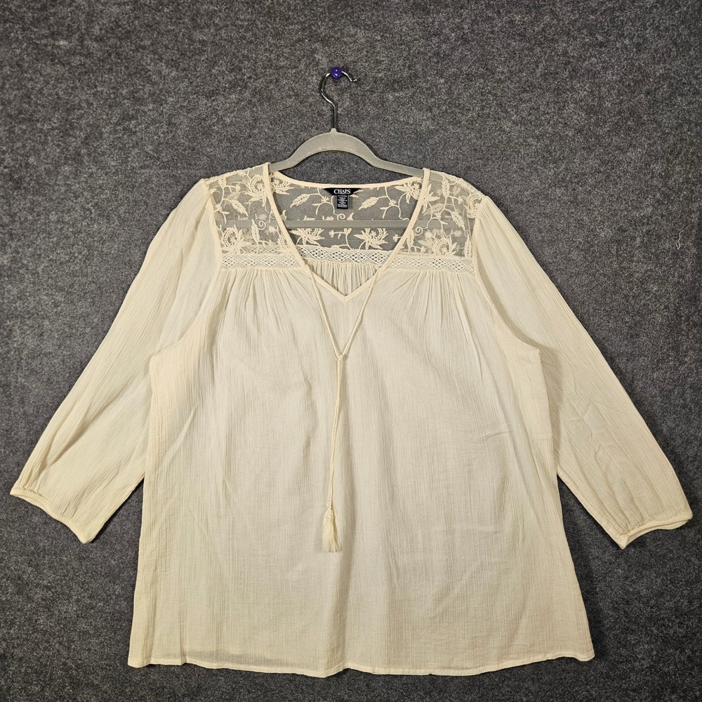 Womens Cream Blouse Lace Yoke Embroidered Boho Peasant Tassel Ethereal Sz XL